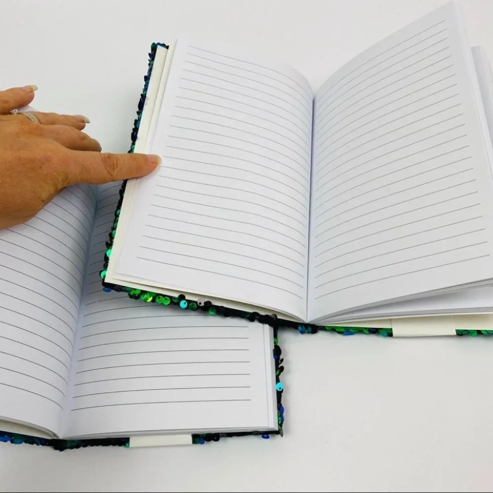 Set of 2 New Sequin Hardcover Journals Notebooks Blue Green